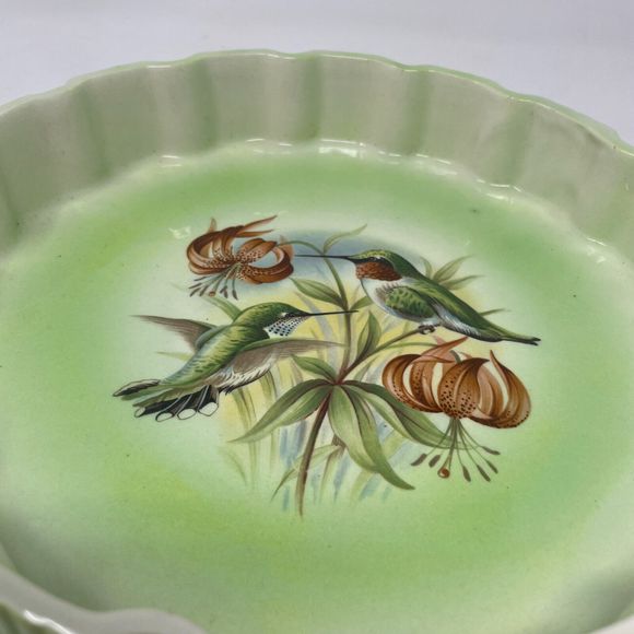 Vintage 1980 Ceramic Pie Plate Dish Green Scalloped Hummingbird Floral Design - Picture 3 of 11